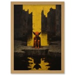 Nosferatu Lair Conceptual Art Oil Painting Yellow Sky Castle Ruins Red Demon Water Reflection Artwork Framed Wall Art Print A4