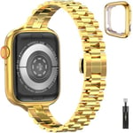 Bracelet étroit Compatible avec Apple Watch 9 8 7 6 5 4 3 2 1 SE Series Remplacement Montre en Métal pour iWatch 42mm 44mm 45mm Réglable en Inox pour Apple Watch Bande avec étui Femme, Or