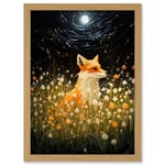 Artery8 Watching the Fireflies Dance Happy Fox over a Wildflower Meadow Oil Painting Orange White Blue Full Moon Spring Night Dreamy Landscape Artwork Framed Wall Art Print A4