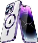 Magnétique Coque Pour Iphone 14 Plus Avec Magsafe, Couverture De Caméra Intégrée Etui Silicone Transparente Ultra Mince [Anti-Jaunissement] Housse Pour Iphone 14 Plus. Purple Yix