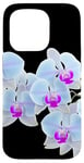 Coque pour iPhone 15 Pro Magnifique orchidée Phalaenopsis bleu clair Formes noires Mania