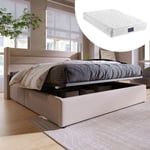 Okwish - Lit coffre lit rembourré lit double hydraulique 160x200cm, avec matelas, sommier à lattes en bois, lit avec sommier à lattes en métal, lin,