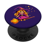 Pixelated Petite sorcière violette sur un balai pour enfants PopSockets PopGrip Adhésif