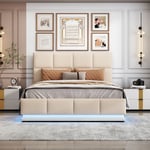 Cadre de lit capitonné avec LED Tête de lit capitonnée avec hauteur réglable Beige 140 x 200 cm - Beige