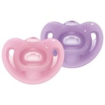 NUK Sensitive - Lot de 2 sucettes - 6 à 18 mois - 100% silicone pour peau délicate - Sans BPA - Violet et rose