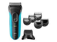 Braun Series 3 Shave&Style 3010Bt, Folierakapparat, 2 Sensofoil, 1 Middle Trimmer, 5 Kammen 17 Mm, Svart, Blå, Led, Batteri, Nickel-Metallhydrid (Nimh)