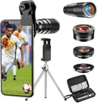 Cell Phone Camera Lens-22X téléobjectif+25X Macro Lens+120 ° Wide Angle Lens + 205 ° Fisheye 4 in 1 Phone Lens Kit avec trépieds pour iphone 11 Pro Huawei P30 Samsung(Q1587)