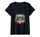 Womens Dripping Paint Boombox Old School 80s Music Hip Hop V-Neck T-Shirt