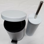 MATT DULL WHITE BATHROOM SMALL 3 LITRE PEDAL BIN & TOILET BRUSH HOLDER SET