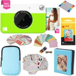 KODAK Printomatic Full-Color Instant Print Camera Gift Bundle + Soft Case + Zink 2x3" Sticky Back Photo Paper 20pk + Album + Sticker Sets + Sticker Frames + Markers + Hanging Frames, Fun Gift - Green