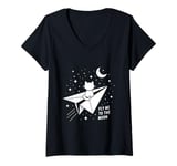 Womens Cat Paper Plane Moon Children Cute V-Neck T-Shirt