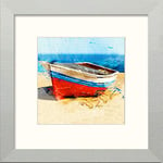 Lumartos, Red Boat Beach Contemporary Home Decor Wall Art Watercolour Print, Matt Silver Frame, 10 x 10 Inches