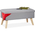 Banc de rangement, rembourré, pieds bois, banquette , coffre avec revêtement tissu HxLxP:39x77x39cm,gris clair - Relaxdays