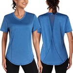 Gyabnw Gym Tops for Women UK Back Mesh V Neck Loose Fit Yoga Running Top Lightweight Moisture Wicking Short Sleeve for Ladies Blue