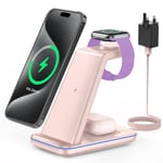 CIYOYO 3 in 1 Wireless Charger for iPhone, Wireless Charging Station for iPhone 16/15/14/13/12/11/Pro/Pro Max/XS/XR/X/8,18W Fast Charger stand for Apple Watch10-1series and AirPods 4/3/2/2/Pro, Pink