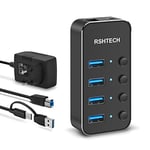 Hub USB Alimenté, RSHTECH Hub USB 3.0 Aluminium avec 4 Ports USB 3.0, Alimentation 10W(5V/2A), Câble de Données Hybride 2 en 1 (Type A/Type-C) et Interrupteurs Individuels, RSH-ST04