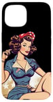 Coque pour iPhone 15 Retro Patriotic Pin-up Vintage USA Flag American Beauty Girl