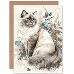 Blue Point Ragdoll Cat Flowers Art Birthday Blank Greeting Card With Envelope