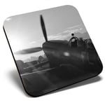 Square Single Coaster bw - Sunset Spitfire Air Force Plane  #36452