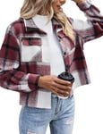 Zeagoo Veste d'Automne pour Femme Chemise de Bûcheron à Carreaux Veste Courte à Carreaux Flanelle d'Hiver Shacket Manteau Bordeaux XL