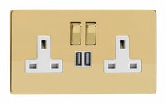 Varilight XDV5U2SWS Screwless Polished Brass 2 Gang 13A Plug Socket 2.1A USB