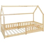 ML-Design Lit d'Enfants Naturel avec Protection Contre les Chutes en Bois de Pin Massif 90x200 cm Toit et Sommier á Lattes Grille de Sécurité Style