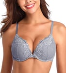 Deyllo Soutiens-Gorge Femme Rembourré avec Armature Dentelle Lingerie Push-up Brassiere Classiques Brassière Maintien Gris 95D