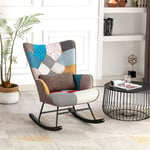 Fauteuil à Bascule Patchwork Rocking Chair Berçante Allaitement Bébé avec Oreiller Style Scandinave Tissu en Lin Bois d'Hévéa