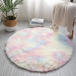 Runda fluffiga regnbågsmattor för flickrum, lurvig cirkelmatta för barn flickor sovrum barnrum heminredning (120 cm * 120 cm)