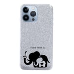 Coque Iphone 13 PRO paillettes argent elephant maman personnalisee