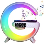 Veilleuse rgb avec Chargeur sans fil Support haut-parleur Carte tf Reveil Station de charge rapide 15W pour iPhone, Samsung, Xiaomi Blanc