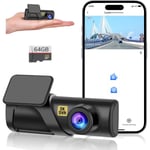 Dashkamera, WiFi FHD 1080P Dashkamera för bilar, Mini bilkamera, Dashkamera fram med gratis 64 GB SD-kort, 160° vidvinkel, nattseende, slinginspelning,