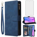 Asuwish Compatible with Xiaomi Redmi 9 Wallet Case Tempered Glass Screen Protector and Leather Flip Cover Card Holder Stand Cell Accessories Rugged Phone Cases for Redmi9 Prime Poco M2 Women Men Blue