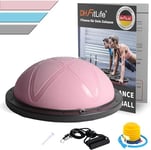 DH FitLife Ballon d'équilibre pour yoga - Diamètre : 60 x 22 cm - Charge maximale : 200 kg - Demi-ballon de gymnastique - Planche d'équilibre avec pompe et 2 bandes de fitness - Rose