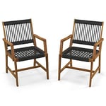 COSTWAY Chaises de Jardin Extérieur Lot de 2 en Bois d’Acacia, Chaise de Salle à Manger en Corde avec Accoudoirs, Fauteuil Jardin Extérieur Intérieur pour Terrasse Patio Cour Cuisine, Charge 160 KG