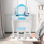 GOPLUS Coiffeuse Enfant avec Tabouret, 2 en 1 Table de Maquillage Fille avec Miroir Rabattable, Tiroir Unique, Plateau Amovible, Courbes Arrondies, pour Fille, Bleu