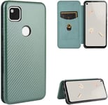 Compatible Avec Coque Google Pixel 4a 4g, Mince Flip Fibre De Carbone [Test De Chute] Antichoc Stand Fente Avec Carte, Protecteur D'écran En Verre Trempé*2-Vert