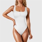 Body Shapewear för kvinnor Magkontroll String Body Shaper Sömlös Ribbad Jumpsuit med fyrkantig hals T-Back Enfärgad Sexig Jumpsuit White S