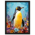 Artery8 King Penguin in Colourful Floral Flowers Nest Thick Paint Oil Painting Yellow Black Blue Colourful Artwork Framed A3 Wall Art Print