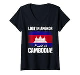 Womens Lost In Angkor Found In Cambodia Flag Angkor Wat Travel V-Neck T-Shirt