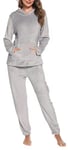 Lovasy Fleece Pyjamas for Women Ladies Fluffy Fleece Hooded Pyjamas Winter Warm Fluffy Pjs for Women Sets with Pockets,Grey,M