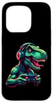 Coque pour iPhone 15 Pro Gaming Dinosaurs- Le T-rex joue aux jeux vidéo