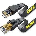 Akake Câble Ethernet Cat 8, câble réseau Internet plat haute vitesse robuste de 15M, 26 AWG, 2000 Mhz 40 Gbps avec connecteur RJ45 plaqué or, blindé au mur, intérieur et extérieur Noir