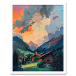 Small Village in the Alps Atmospheric Clouds Over Cabins at Dawn Modern Watercolour Painting Art Print Framed Poster Wall Decor 12x16 inch