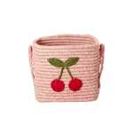 Rice - Raffia Square Basket with Big Cherry Embroidery - Soft Pink - Small