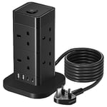 3M Tower Extension Lead with USB Slots, Hotimy 13A 8 Way Extension Lead Surge Protection with 2 Type C & 2 USB Ports, Multi Plug Extension Lead Tower Black 3 Meters Extension Cord for Home, Office