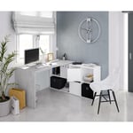 Dmora - Bureau Dmorlup, Bureau réversible multiposition, Table d'étude ou de bureau pour pc avec étagère, 136x139h74 cm, Blanc et Ciment