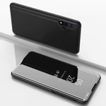 Coque Samsung Galaxy J4 2018 Flip Clear View Translucide Miroir Cover Standing 360°Housse Étui Antichoc Smart Cover Bumper + Film Verre Trempé 2 Pièce Pour Samsung Galaxy J4 2018 -Noir