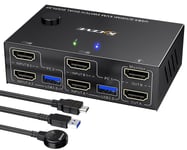 HDMI KVM Switch 2 PC 2 Monitor 4K@60Hz 2K@144Hz, Simulation EDID, Commutateur KVM 2 écrans Pour 2 PC Partageant 2 Monitor et 4 Ports USB 3.0,Souris Clavier, Télécommande filaire et 4 Câbles Inclus