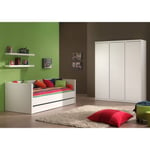 Pack - Lit Banquette Enfant, Tiroir, Armoire & Lot de 2 Étagères "Lara" Blanc